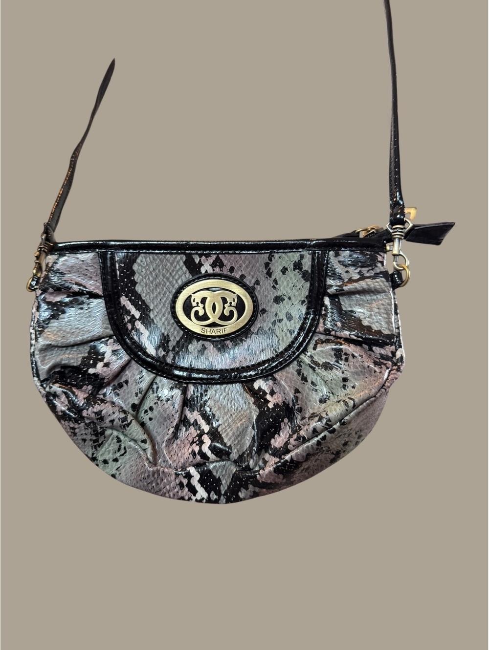 Sharif Snake Print Crossbody Shoulder Bag with Gold Logo